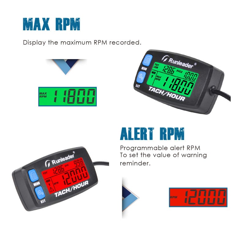 Runleader Hour Meter Tachometer,Maintenance Reminder,Alert RPM,Backlit Display,Initial Hours Setting,Battery Replaceable,Use for ZTR Mower Generator Marine ATV and Gas Powered Device. (Button-Blue) - Image 5